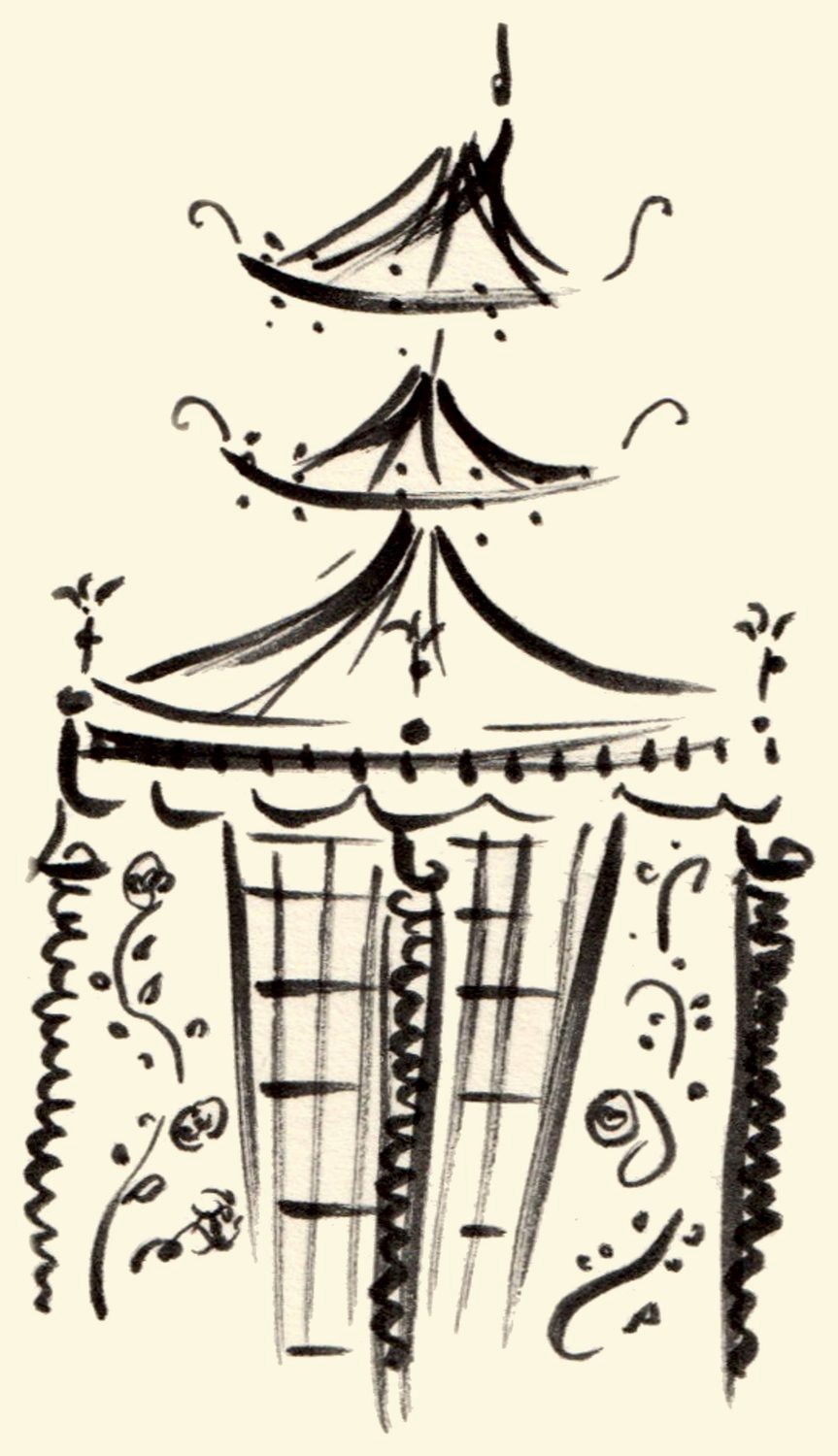 Pagode dessinée à l'encre noire, ornée de petits motifs