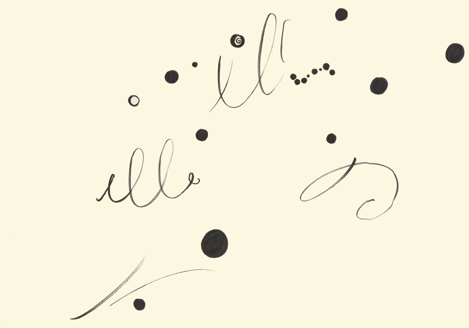 Petits traits d'encre épars, lettres suspendues et points noirs